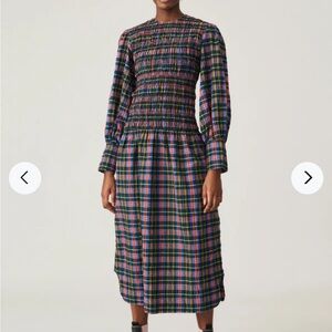 GANNI | Shirred Organic Cotton Blend Seersucker Midi Dress Size 42